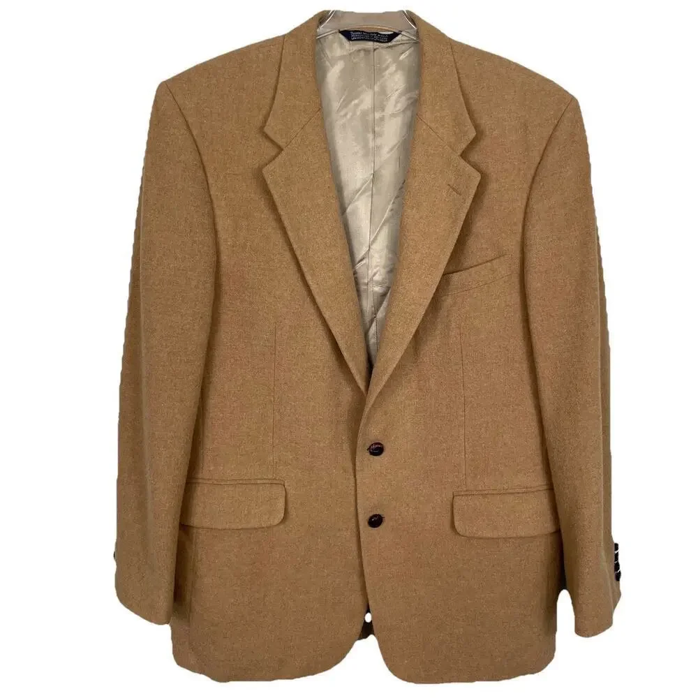 Vtg Lands End Camel Hair Wool Sport Coat Blazer Mens 44L Tan Preppy Business